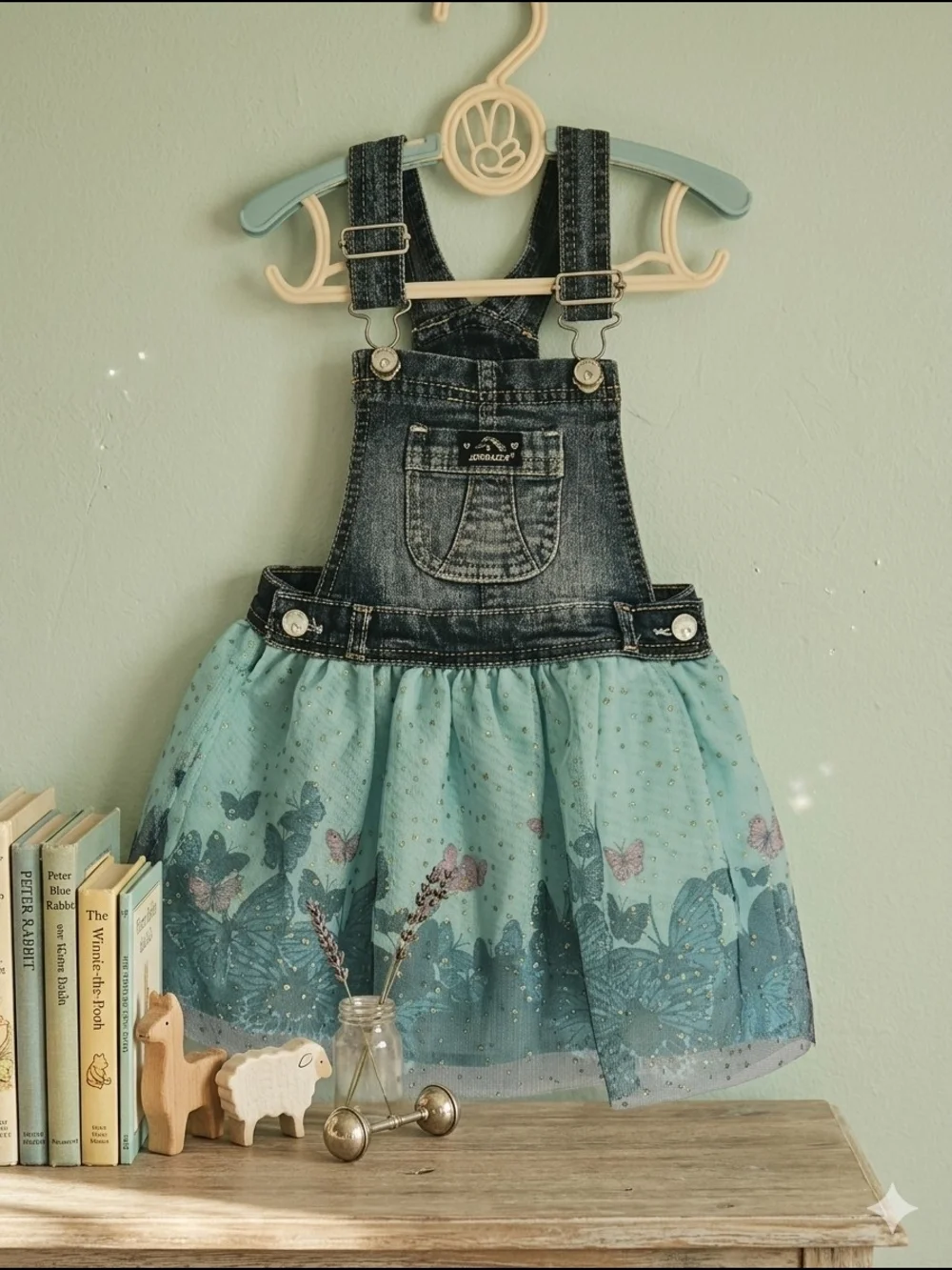 Jordache Denim & Tulle Butterfly Dress Toddler Girls Size 2T Blue Mint Green